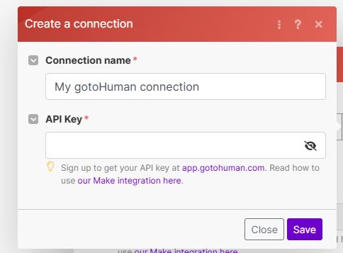 gotoHuman Make.com create connection