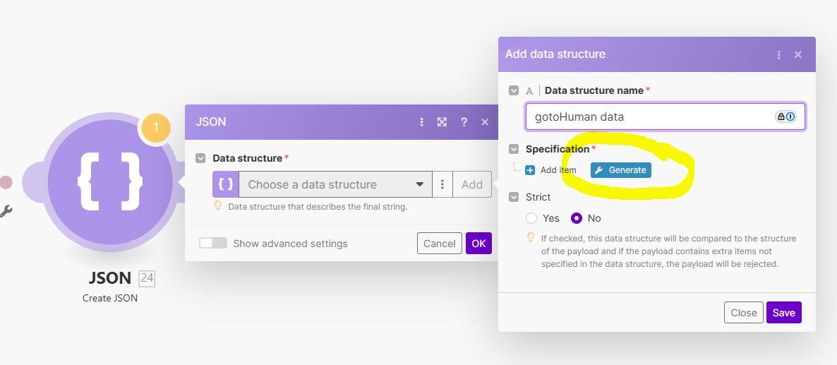 gotoHuman Make.com Create JSON