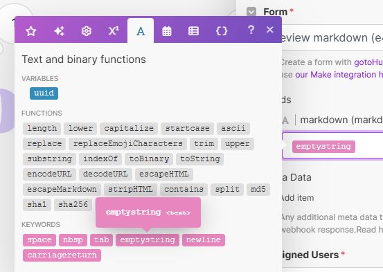 gotoHuman Make.com pass emptystring