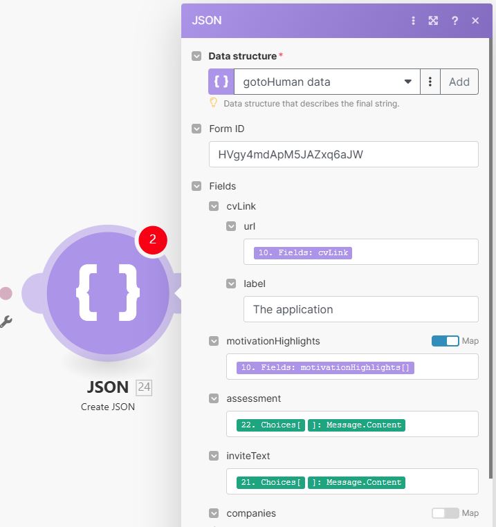 gotoHuman Make.com Enter values