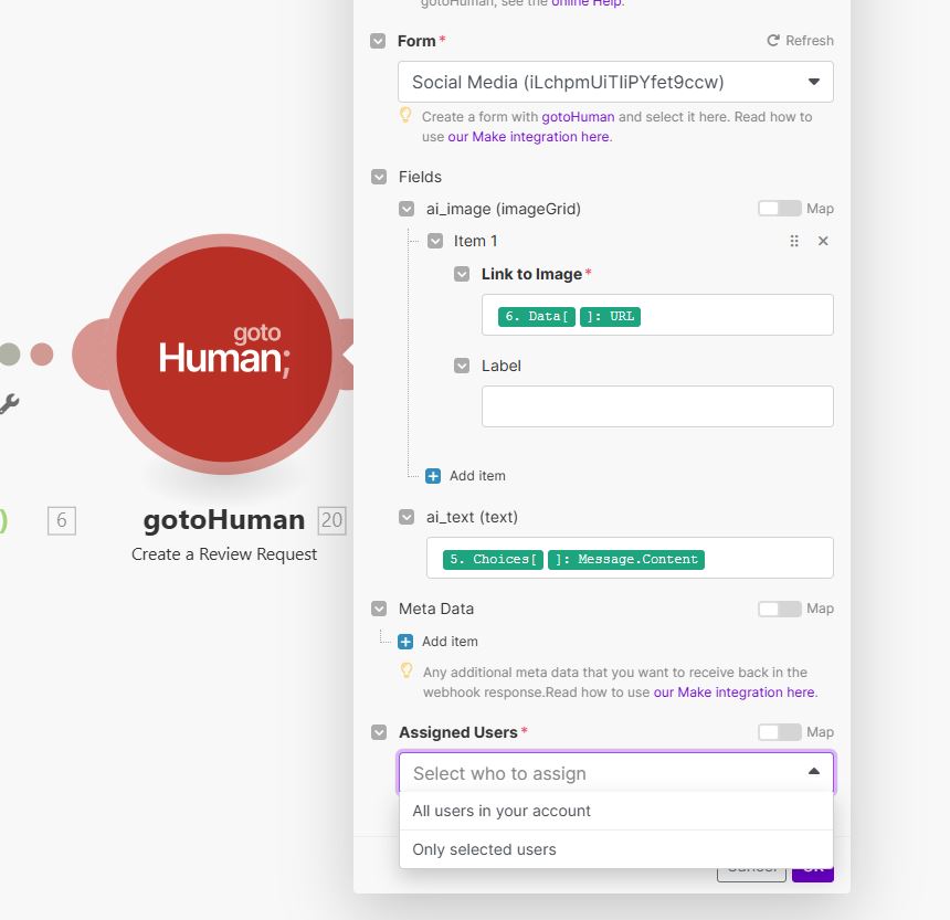 gotoHuman Make.com enter values