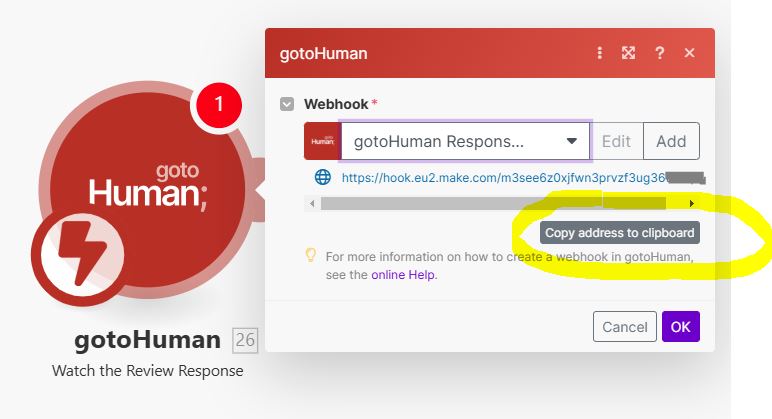 gotoHuman Make.com Copy webhook